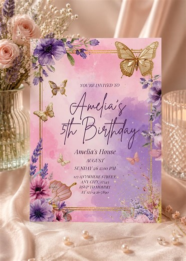 Editable Butterfly Birthday Invitation, Girls Party Invite, Any Age, Purple Butterfly, Pink, Digital Invite, Downloadable, Canva Template - Etsy