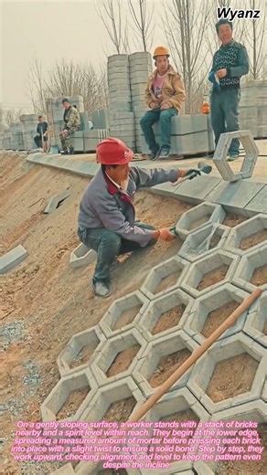 worker laying bricks on slope for decorative finish | daily construction routine