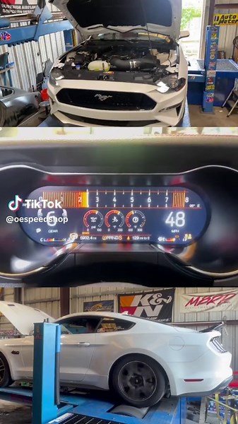 🚀 2022 Mustang GT A10 - 10-speed automatic transmission”. Equipped with long tube headers, a roaring exhaust and a @steedaautosports air intake, we’re making serious power on the dyno. Feel the power as the camera shakes at the end ! 🔥 #MustangGTA10 #Speed #PowerOnTheDyno #fordperformance #americanmuscle