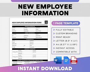 New Employee Information Form | New Hire Form Paperwork | HR Template | Employee Onboarding | Hiring Template - Etsy Canada