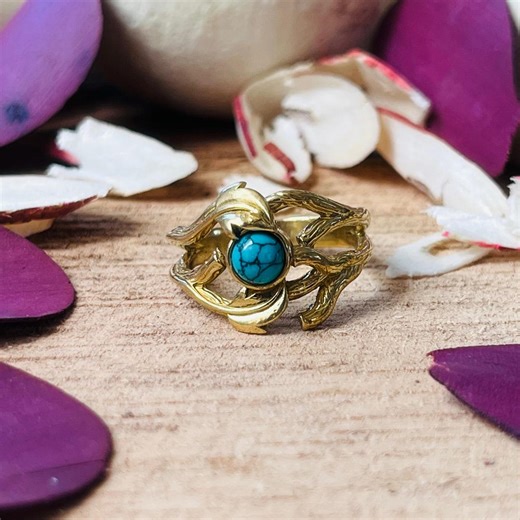 Turquoise Ring , Nature Brass Ring for Women , 18K Gold Turquoise Ring , Botanical Jewelry - Etsy