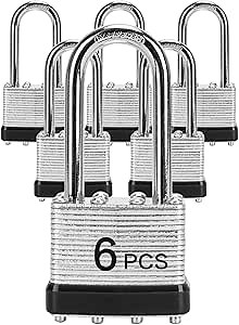 Padlocks with Same Key, LQYN 6 Pcs Laminated Keyed Padlock (1-9/16", 40mm), Keyed Alike Locks, Long Shackle, for Storage Locker, Hasp Latch, Toolbox, Sheds