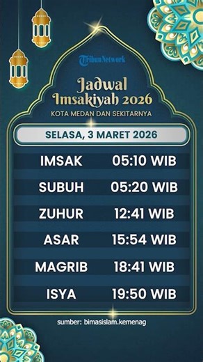 Jadwal Imsakiyah Kota Medan Selasa 3 Maret 2026, Lengkap dengan Jadwal Sholat