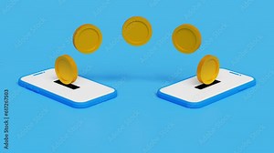 Money transfer on smartphones. Coins moving from one mobile phone to other. Sending and receiving money wirelessly. Mobile wallet. 4K 3D loop animation