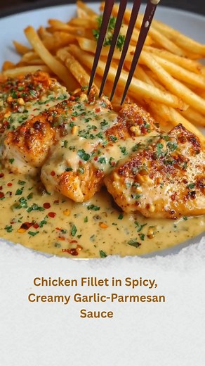 Chicken Fillet in Spicy, Creamy Garlic-Parmesan Sauce Tender chicken fillets pan-seared to perfection, then smothered in a rich, spicy garlic-Parmesan cream sauce — served with crispy golden fries for the ultimate comfort meal. Ingredients 2 boneless, skinless chicken breasts (about 1 pound) 1 teaspoon paprika 1 teaspoon garlic powder 1/2 teaspoon salt 1/2 teaspoon black pepper 2 tablespoons olive oil 4 cloves garlic, minced 1 cup heavy cream 1/2 cup grated Parmesan cheese 1/2 teaspoon red peppe
