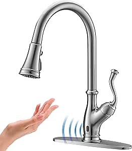 APPASO Touchless Kitchen Faucet, Motion Sensing Activated Hands-Free Kitchen Faucet with Pull Down Sprayer, Single Handle Smart Hands-free Stainless Steel Brushed Nickel, Easy to Install & Spot Resist