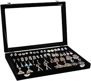 Wudygirl Earring Organizer Tray Jewelry Organizer 32 Pairs Earring Box Organizer Black Velvet Jewelry Display Case with Transparent Lid(Black Earring Storage)