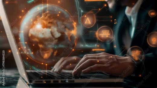 Glowing globe and eco-friendly icons hover over laptop, as hands type, symbolizing the integration of sustainability into global business operations through technology.