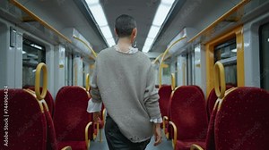 Confident lady walking train seats travelling railway transport. Woman passenger