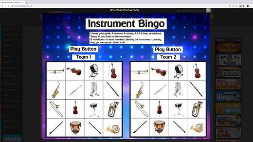 Instrument Bingo is an exciting and engaging way for students to learn to identify many classroom instruments by sight and sound. The sounds played are always at random, so it will always keep your students guessing! This game is a hands-on way for your students to experience music and reinforce musical concepts and lessons you are teaching in class. Your students will love playing Instrument Bingo! | Musicplay