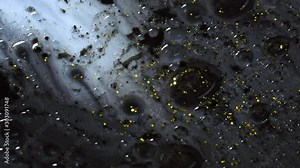 Beautiful colorful background with glitter and colored bubbles in oil and watercolor. Golden sparkle particles. Macro oil ink bubbles and drops. Chroma galaxies magic fluids.Wallpaper pattern of gold