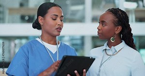 Women, tablet and doctor with medical advisor for meeting, discussion and planning for health insurance. Conversation, computer and nurse brainstorming with healthcare consultant with telehealth app