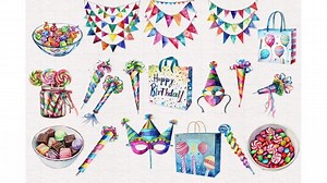 Happy Birthday Clipart PNG Rainbow Party Items Balloons Gift Box Lollipops Cakes Birthday Banners Sublimation Clip Art Graphic Illustration - Etsy