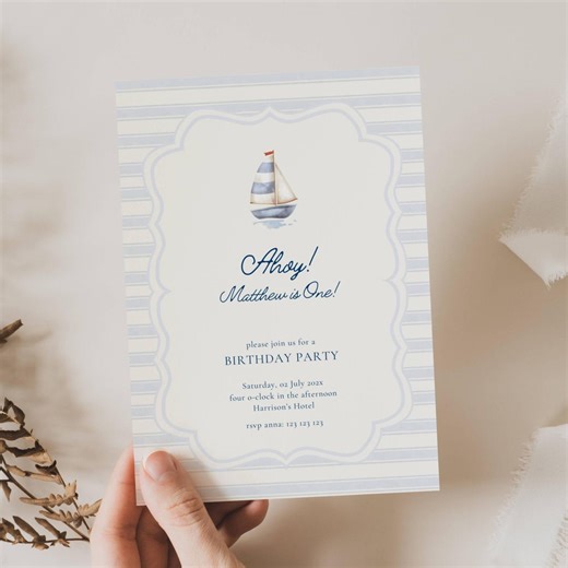 Sailboat Birthday Invitation Boy: Sailing Into One, Ahoy Blue, Nautical, Boat (editable Template) - Etsy