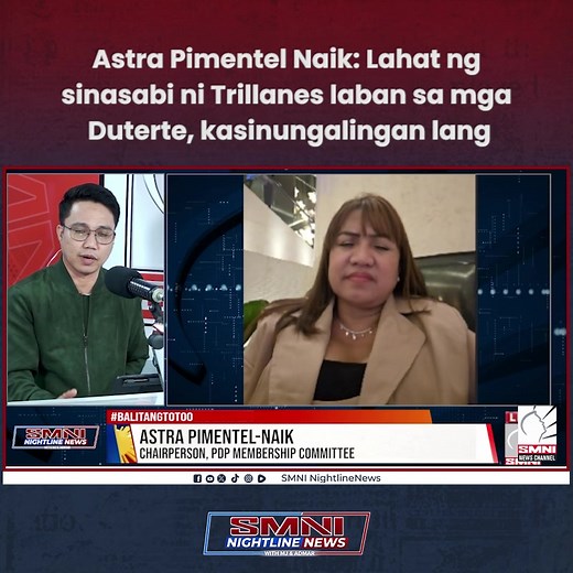 Layunin umano ni Antonio Trillanes na siraan ang pamilya Duterte dahil sa madalas nitong pagbatikos sa mga ito, ayon kay Astra Pimentel-Naik. Hinimok ni Naik ang publiko na huwag basta paniwalaan ang mga pahayag ni Trillanes laban sa mga Duterte. | Nightline News