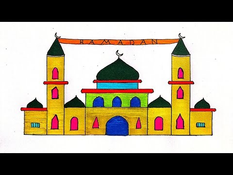 How to Draw a Colorful Masjid | Masjid Drawing Easy | Beautiful Mosque & Ramazan Drawing