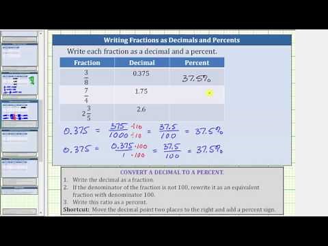 Convert a Fractions to Decimals and Decimals to Percents (3/8, 7/4, 2 3/5)
