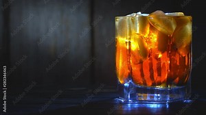 Glass of cold cola on a wooden background. Cola with Ice in glass. Cola fizzy drink. 4K UHD video footage