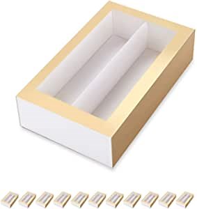 Macaron Gift Box for 12, Elegant Gold, Rectangular, 8 x 2 x 1.8 Inches, Disposable, Recyclable, Microwaveable, Space Saving, Hinge Closure, Hand Wash Only