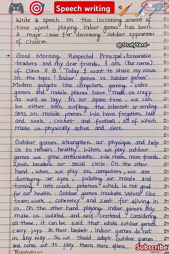Speech writing format l speech writing l indoor games vs outdoor games l speech writing class 11