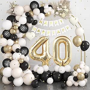 40th Birthday Decorations Black Gold Sand White,40th Balloon Arch Garland Kit With Champagne Gold Number 40 Balloons Happy Birthday Banner for Women Men 40 Party Decoration