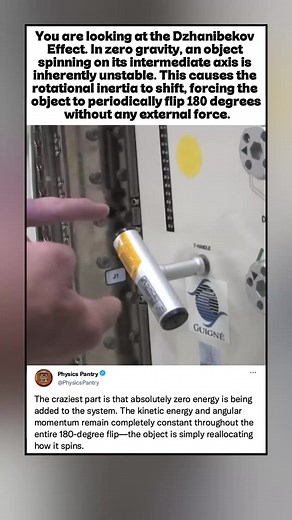 Here is how the Tennis Racket Theorem (or Intermediate Axis Theorem) actually works. When an object with three distinct moments of inertia is spun on its middle axis in zero gravity, it becomes unstable and periodically flips 180 degrees without any external force. #science #physics #space #iss #astronomy