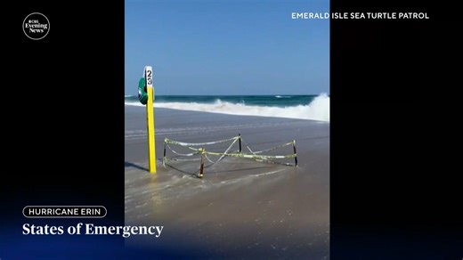Hurricane Erin brought dangerous surf, coastal flooding and strong winds to North Carolina's Outer Banks and other shorelines along the East Coast, closing roads and threatening wildlife habitats. More than 35 million people are under coastal flood advisories. https://cbsn.ws/4mpnSLj | CBS Evening News