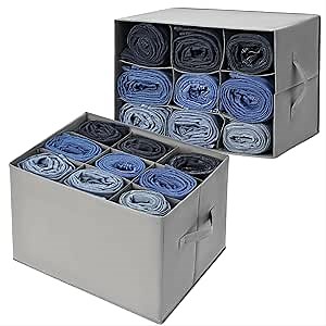 DIMJ Wardrobe Clothes Organizer, Jean Pants Towel Organizers for Closet, 9 Cell Stackable Wardrobe Shelf Dividers, Foldable Storage Bins for Clothes Sweater T-shirts Legging, 2 Pcs Grey