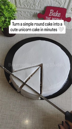 Pooja Chimurkar Ninawe | Cake Artist @Nagpur on Instagram: "🦄 Round Cake to Unicorn Cake – EASY HACK! 🎂 Who says you need a custom mould? Turn a simple round cake into a cute unicorn cake in minutes 🤍 ✨ BEST HACK ✔️ Cut your round cake as shown in video ✔️ Use the leftover piece to add height or ears ✔️ No wastage, no extra sponge needed ✔️ Perfect for beginners & home bakers 🎀 Little Arrangement = Big Impact • Keep the base plain white • Use 2–3 pastel colours only • Star nozzle for mane =