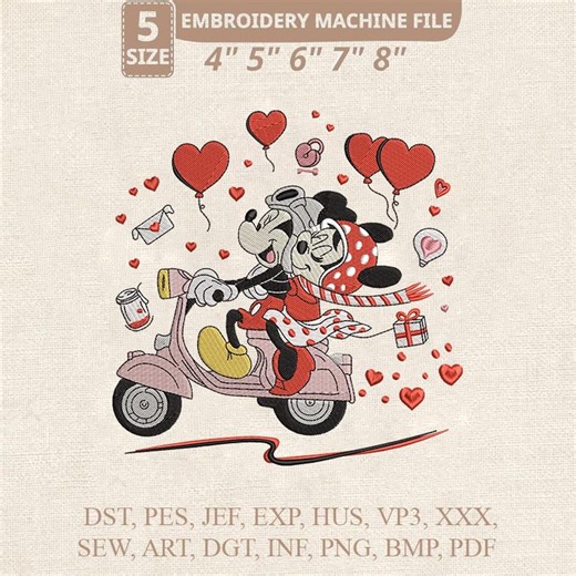 Mickey Minnie Valentine Embroidery Design, Couple Mouse Scooter Embroidery File, Love Heart Disney PES, Machine Embroidery Digital Download - Etsy