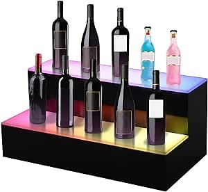 LED Lighted Liquor Bottle Display Illuminated Bottle Shelf 16 Inch 2 Step Acrylic Lighted Bar Shelf with Controller Control Countertop Display Stand for Home Commercial Bar