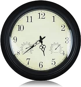18 Inch Large Wall Clock, Waterproof Outdoor Clock, Wall Decor with Thermometer and Hygrometer Combo for Patio, Garden, Pool - Black