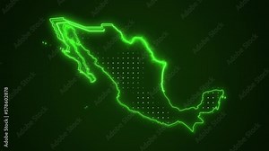 Neon Green Mexico Map Borders Outline Loop Background. Neon Green Colored Mexico Map Borders Outline Seamless Loop Dark Background. Mexico Neon Map Borders Outline.