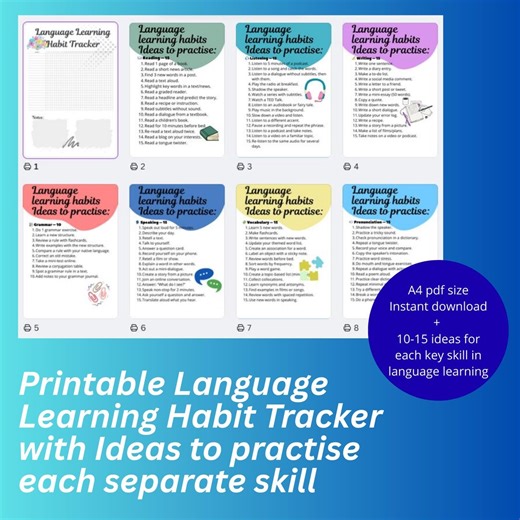 Language Learning Habit Tracker | Printable Study Planner for ESL Vocabulary Grammar Reading Writing Listening Speaking - Etsy
