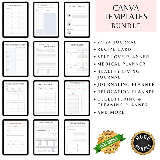 Canva Templates Bundle | Planner, Journal, Tracker, Self-care, Cleaning, Recipe, Yoga, Medical, Finance | Editable Printables - Etsy