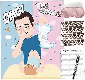 PARTYLOUD Pin The Sticker On The Diaper, Baby Shower Games, Funny Baby Shower Games Activities Diaper Theme Party Games Supplies Favors for Adults Girl Boy 44 Guests