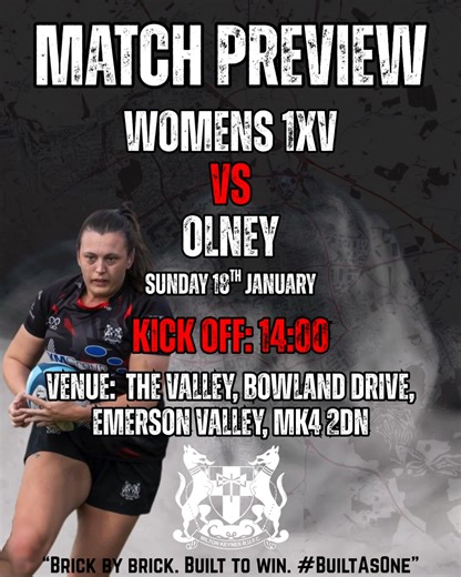 Milton Keynes Rugby Union Football Club on Instagram: "This weekend, our Women’s 1XV are back home at The Valley for the return fixture against Olney 🔴⚫ Last time out, MK showed true BuiltAsOne spirit—fighting back in the second half to pull points back and finish with a close scoreline. Now it’s home turf. Familiar ground. One club behind them. 📍 The Valley, Bowland Drive, Emerson Valley, MK4 2DN ⏰ Kick-off: 2PM They’re hungry to bring it back. Are you coming down to back your women? On track
