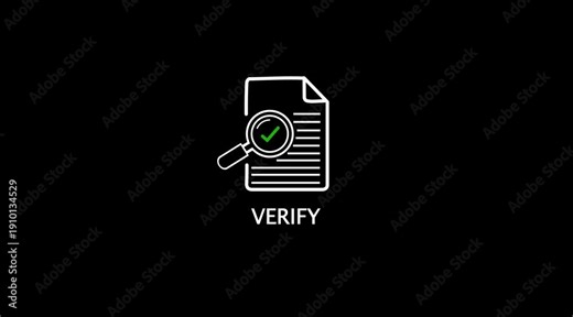 Verify document approval and validation concept with check marked files and magnifying glass in dark background verification process for business finance technology.