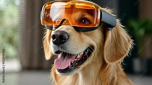 A dog wearing virtual reality glasses, looking around in curiosity and excitement as it explores a new digital world filled with immersive experiences and interactive simulations.