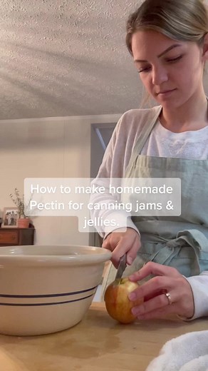 Making pectin at home is so easy! You can can it and save it for making homemade jams and jellies in the summer instead of buying packaged pectin from the store.🍎🫶🏼 • • 7 large apples 4 cups of water 2 Tbsp lemon juice • • Start by washing your apples. You do not need to peel them, but you should cut them into pieces before placing them in a large pot. Put this stockpot on your stove. Add four cups of water and two tablespoons of lemon juice. Lastly, add your apple pieces. Boil the mixture fo