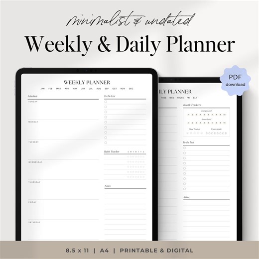 Undated Minimalist Daily & Weekly Planner, Printable and Digital | 8.5x11 and A4 Sizing | Monday/sunday Start | To-do Lists, Notes Templates - Etsy