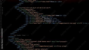 4K Close up shot HTML tag code on PC Monitor scroll down. Background concept for programming and coding web development. Suitable for green screen replacement. Scene D.