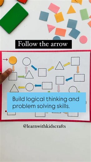 Follow the Path: A Multi-Skill Learning Adventure Combine problem-solving with color and shape identification! Kids follow the arrows to place the correct colored shapes, enhancing their critical thinking, fine motor skills, and knowledge of colors and shapes. Find this printable in the color by code resource. Let me know in comments if you need its link. Follow @learnwithkidscrafts for more ideas. #activitiesforkids #handsonlearning #toddleractivities #easyplayideas #preschoolactivities #simple