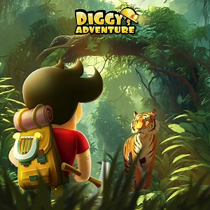 ⛰️ Onto the next Adventure #2 ⛰️ Diggy ventures into the dense, vibrant jungle, pushing past lush green leaves and towering trees as the air hums with the sounds of wildlife. As he reaches the heart of the jungle, the symphony of animal calls suddenly falls silent. A rustling in the nearby foliage catches his attention, and he freezes. Peering through the leaves, he spots a pair of golden eyes watching him intently. Hidden within the shadows, a majestic creature studies him, deciding on its next