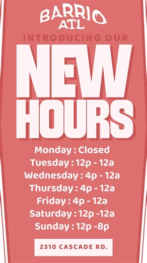 New hours and New Menu Items on Cascade! Come check out the New Hours and New Food at Barrio ATL! That Salmon Grilled Cheese goes crazy! 🌮🍜🧀