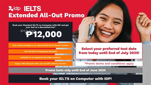 🔥 IDP IELTS on Computer: Extended All-Out Promo 📍 Take your Standard IELTS on Computer for only ₱12,000 (from ₱13,100) at our test centers in Pasig, Makati, Cebu, Manila, Quezon City, and Laguna. 🗓 Originally available until May, you can now book your test date until the end of July 2025! Plus, enjoy these FREE preparation perks to help you ace your test: ✅ Free Review Package from our trusted IDP IELTS Review Partners ✅ Exclusive IELTS Preparation Materials – practice tests, e-books, and mor