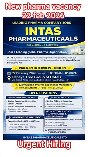 INTAS PHARMACEUTICALS LTD. – Walk-In Drive 2026 | Indore Hiring