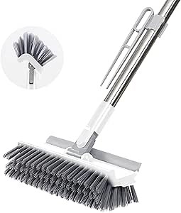 4 in 1 Floor Brush Scrubber with Long Handle Grout Brush 3 Poles 53.5'' 2024 New multi-functional Stiff Bristle Cleaning Scrub Brush with Squeegee Rotating Tile Brush for Cleaning Bathroom Glass Patio