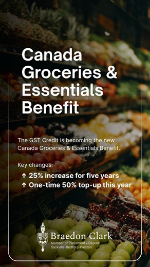 Today, Prime Minister Mark Carney announced new steps to help bring down the cost of groceries and everyday essentials for Canadians. Here’s what it means: More money back in your pocket: The new Canada Groceries and Essentials Benefit is increasing support by 25% for five years, plus a one-time top-up this year. That means up to $1,890 this year for a family of four and up to $950 for a single person. Lower pressure at the checkout: $500 million to help businesses manage supply-chain costs, plu