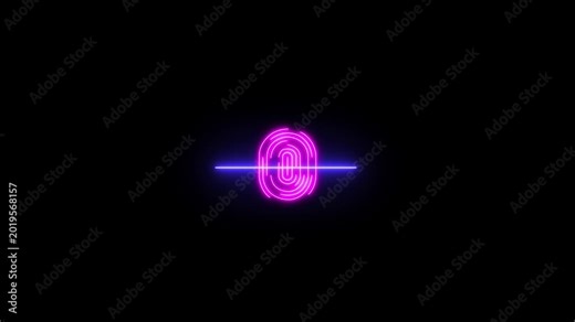 Neon fingerprint scan with blue light bar on black background. Fingerprint scan abstract authentication. Professional fingerprint scan for digital biometric security and access visual.